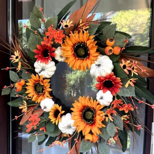 24 Inch Fall Front Door Wreath, White Pumpkins, Sunflower, Eucalyptus