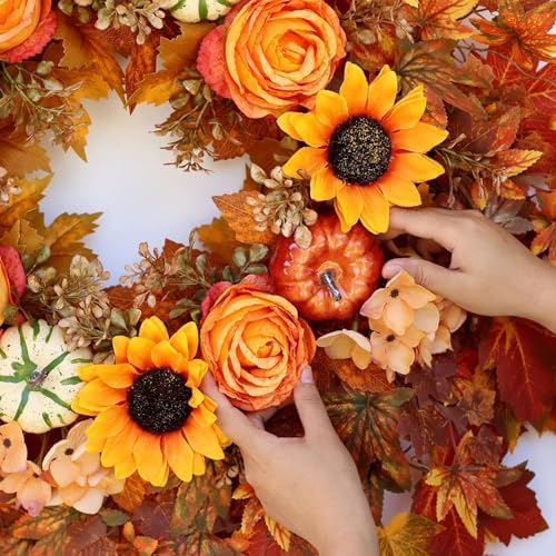 28" Large Artificial Maple Leaves Fall Wreath for Front Door(Orange-Yellow)
