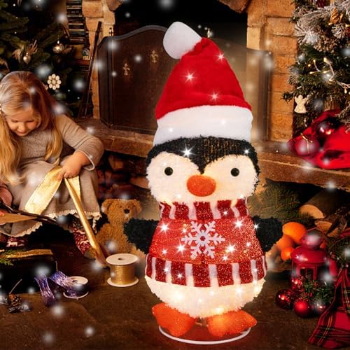 MUMTOP Lighted Christmas Penguin Decoration with Santa Hat Pop Up Ornament