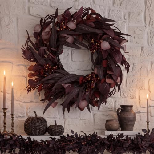 22" Burgundy Fall Wreath for Front Door Artificial Eucalyptus Wreaths