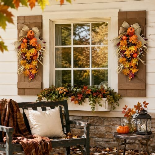 21 Inch Lighted Fall Teardrop Swag with Pumpkins and Pinecones