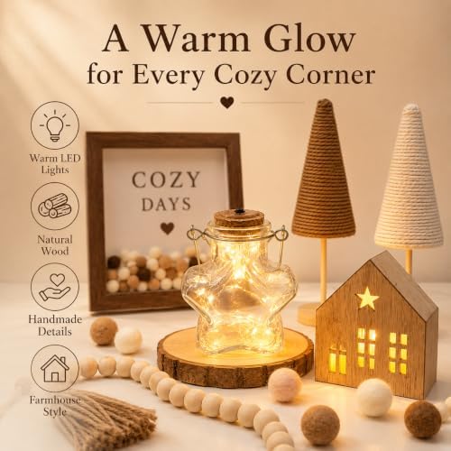 Farmhouse Home Decor Set, Glass Star Fairy Light, Lighted House & Trees