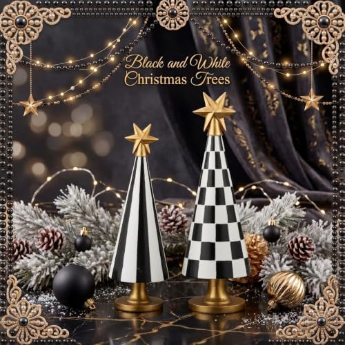 Chumia 2 Sets Christmas Tree Figurines with Star Black and White Decor