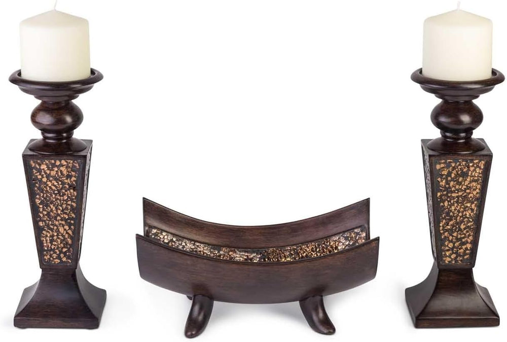 Creative Scents Schonwerk Brown Pillar Candle Holder Set of 2- Crackled Mosai...