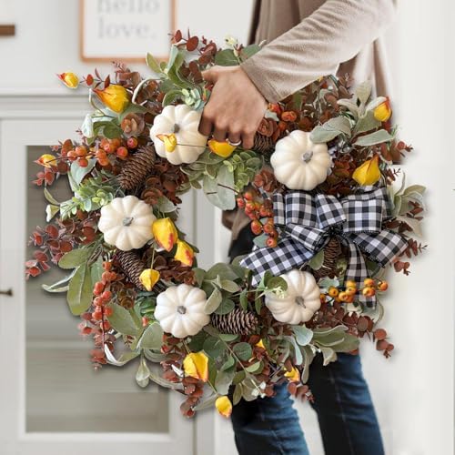 WANNA-CUL 24 Inch Farmhouse Fall Wreath for Front Door with White Pumpkins