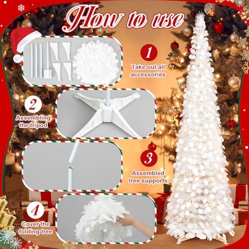 Leyndo 3 Pcs 3 ft 4ft 5 ft Collapsible Artificial Christmas Tree Pop up White Sequined Tinsel Pencil Skinny Xmas Tree for Home Fireplace Decoration