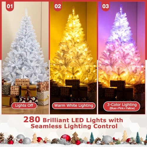 Goplus 6 FT Pre-Lit Christmas Tree with 280 Warm White & 3-Color LED Lights