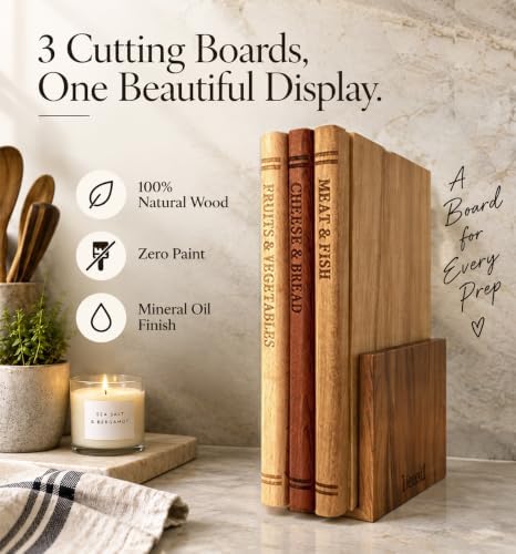 Premium Book Cutting Board Set with Stand – 100% Natural Solid Wood Boards