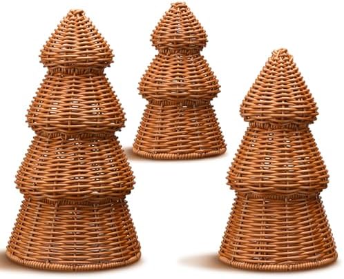 Bucherry 3 Pcs Rattan Christmas Tree Decor Rustic Woven Xmas Figurine