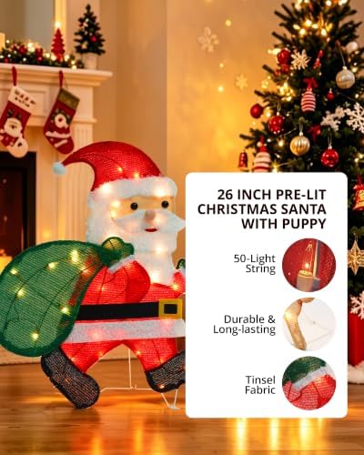 Lighted Christmas Santa Claus with Puppy, 26 Inch 2D Santa 50L