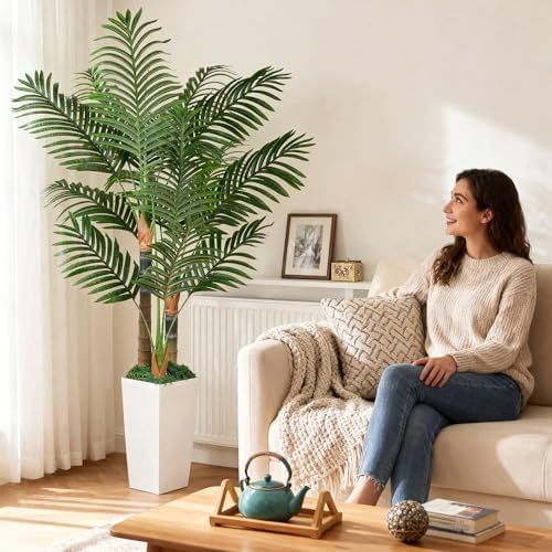 5ft Artificial Palm Tree Indoor Plant，Triple Faux Tropical Areca Floor Plant in Pot，Artificial Plants with Lifelike Leaves for Home Office Decor