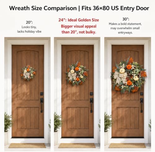 24" Lighted Fall Wreath with Pumpkins Thanksgiving Front Door Autumn Decor