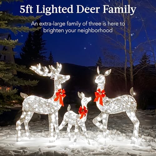Best Choice Products 3-Piece Large Lighted Christmas Deer Family Set 5Ft Outdoor Yard Decoration with 360 LED Lights, Stakes, Zip Ties - Silver