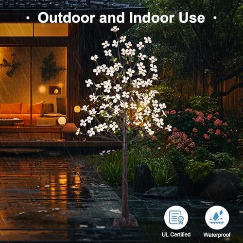 6FT Lighted Dogwood Tree 120 LED Artificial Flowers Tree with Lights for Decor Inside and Outside Home Patio Wedding Festival Christmas Decoration Warm White
