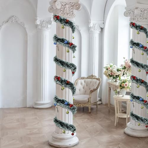 NQN 5 Pack 250Ft Greenery Garland with Snow, Dark Green Snowflake Dots, Artificial Christmas Pine Streamers for Indoor/Outdoor Decorations