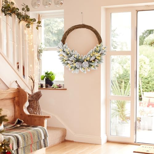 GOFLAME 24” Pre-lit Artificial Christmas Wreath, Snow Flocked Xmas Hoop Wreath with 35 LED Lights, 65 Branch Tips, 8 Natural Pine Cones, Timer, Battery-Operated Holiday Decoration for Window Wall