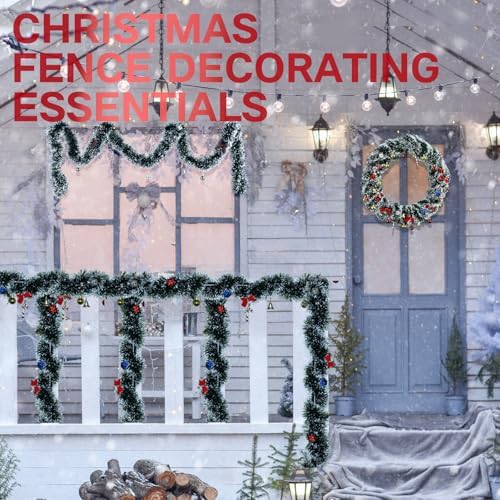 NQN 5 Pack 250Ft Greenery Garland with Snow, Dark Green Snowflake Dots, Artificial Christmas Pine Streamers for Indoor/Outdoor Decorations