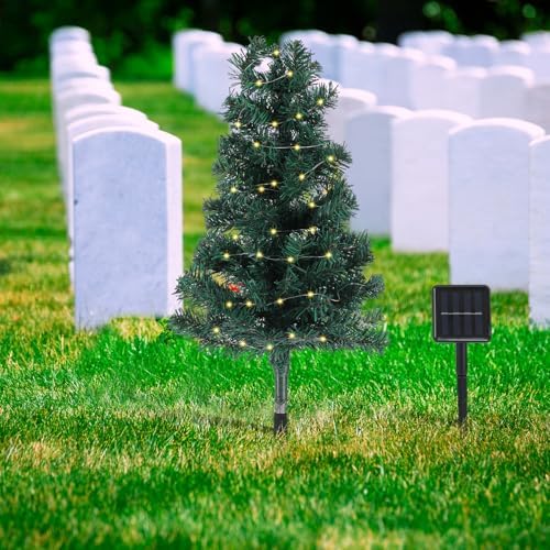 1 Pcs 30 Inch Solar Artificial Christmas Tree for Cemetery Grave with Stake and Lights Waterproof Christmas Decorations Lights Outdoor Xmas Trees for Cemetery