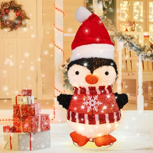 MUMTOP Lighted Christmas Penguin Decoration with Santa Hat Pop Up Ornament