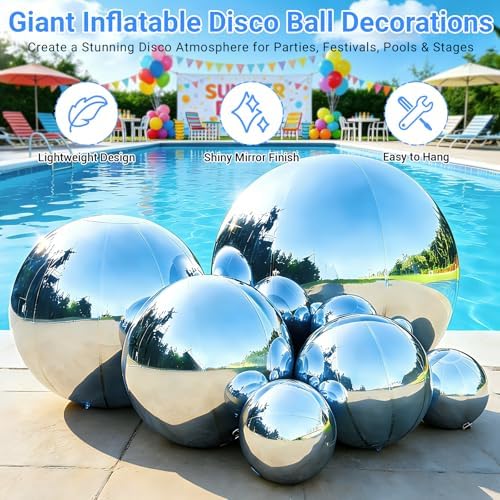 Inflatable Mirror Ball, Large Shiny Mirror Balls, 6PCS, Silver
