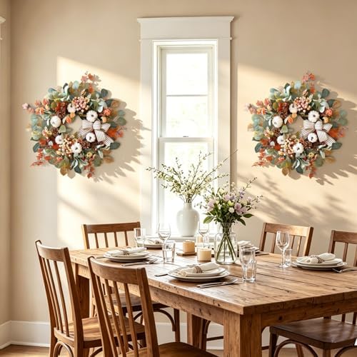 WANNA-CUL 24 Inch Farmhouse Fall Wreath for Front Door with White Pumpkin