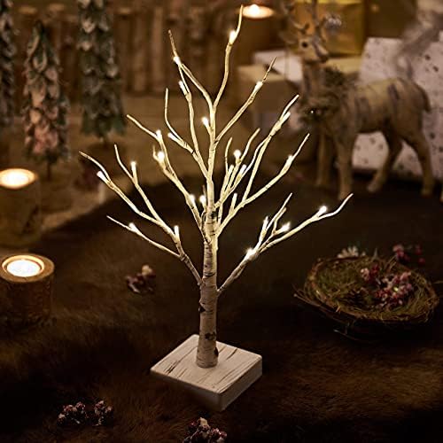 Hairui Pre-lit Tabletop Birch Tree with Timer 24LED 18IN Battery Operated for Christmas Father's Day Party Decoration 2 Sets