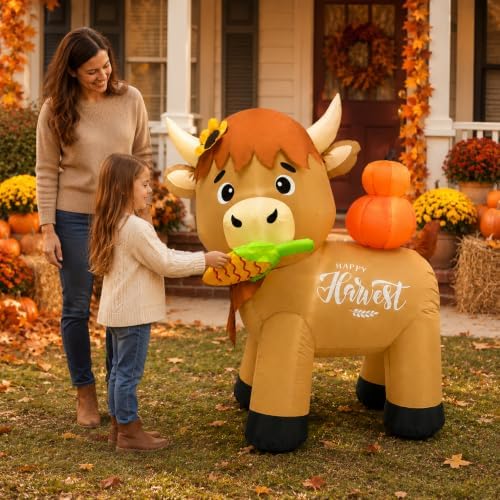 5FT Thanksgiving Inflatable Highland Cow Outdoor Decoration, Harvest Cow Blow Up Yard Decor with Pumpkin, Corn Cob, LED Lights for Fall Lawn Garden Party