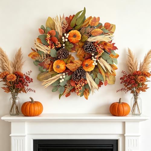 26 Inch Fall Wreaths for Front Door, Autumn Harvest Wreath, Large Autumn Wreath with Pumpkin, Pinecones and Berries, Fall Wreath for Thanksgiving & Harvest Fall Door Decor