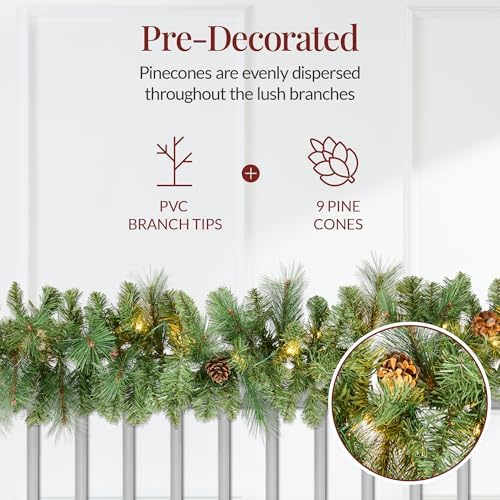 Best Choice Products 9ft Pre-Lit Christmas Garland Holiday Décor for Stairs, Mantel, w/Pine Cones, 2-in-1 White & Multi LED Lights