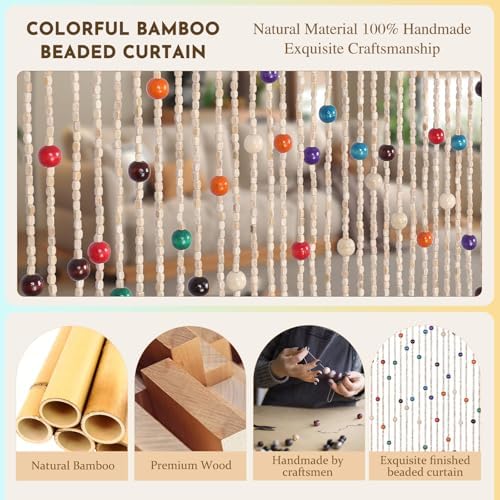 ANMINY Bamboo Wood Beaded Curtain, Handmade Colorful 38 Strands 35"x75.5"
