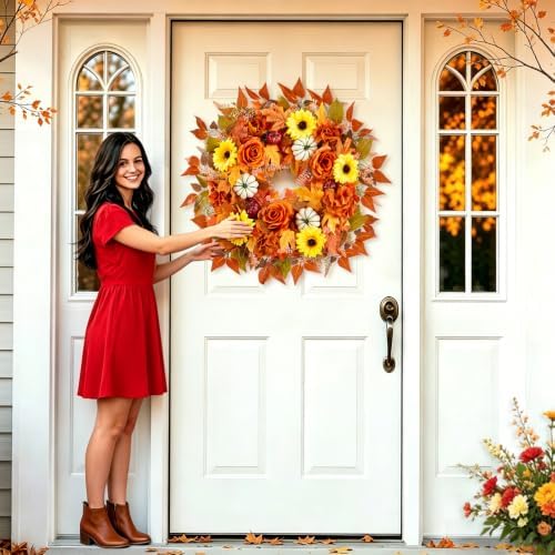 24" Fall Wreath for Front Door Harvest with Pumpkin Handmade Artificial