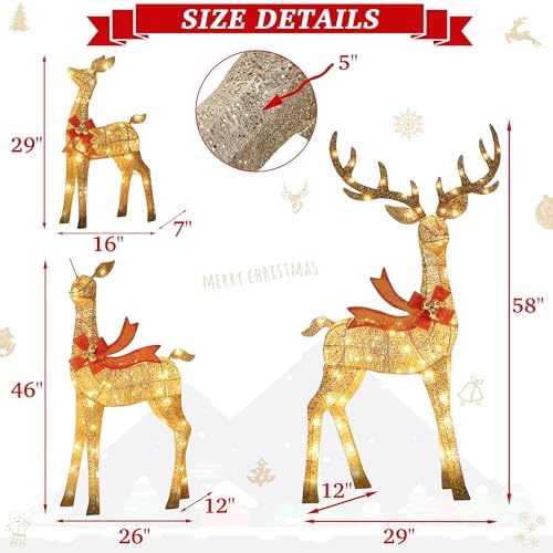 58 Inch 3D Gold Large Lighted Christmas Deer Decorations 3-Piece Outdoor Holiday Decorations Reindeer Set with 210 Warm White LEDs, Large Yard Display for Garden, Storefront