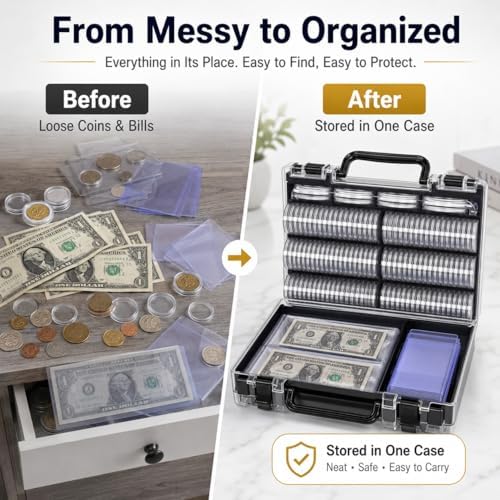 FULLCASE Coin Collector Case with 141 Capsules and 220 Currency Sleeves