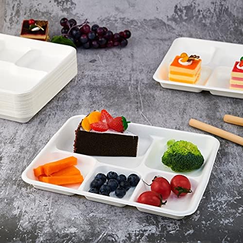 Vplus 125 Pack 5 Compartment Plates, Compostable Plate, 10.2x8.5 inch