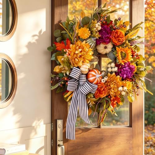 24 Inch Artificial Fall Wreaths for Front Door Outside with Striped Bow
