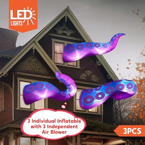 Joiedomi 3 Pcs Halloween Inflatables Octopus Tentacle Outdoor Window Decorations, Octopus Legs with Build-in LEDs, Halloween Front Door Window Roof Prop, Outdoor Holiday Blow up Decor for Garden Lawn
