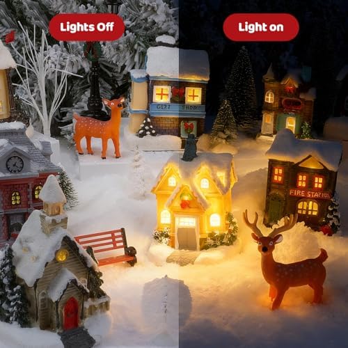 32 Pcs LED Christmas Village Set, 10 Resin Christmas Village Houses with Figurines Decoration Xmas Town Building Collection Trees Lamp Post Scenes for Tabletop Mantel Holiday Display Gift (Style A)