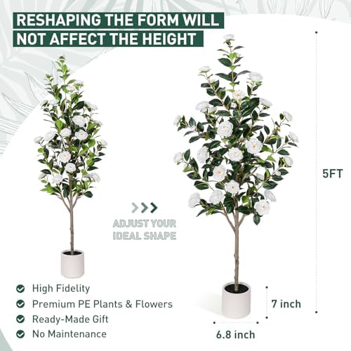 Yepdin 63 inch Artificial Camellia Tree with White Flower Pots -2 Pack White Fake Tree,5 Ft Faux Plants Indoor wich Blooming,Artificial Plants for Indoor & Outdoor Home Front Door Decor