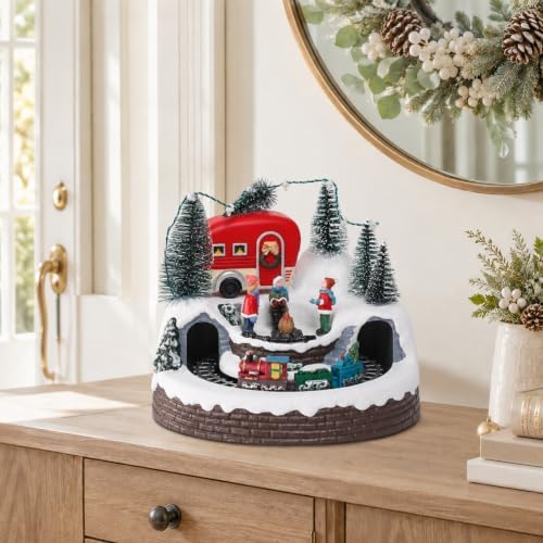 VCUTEKA Christmas Village Houses, Camper with People Campfire and Rotating Train Lighted Musical Christmas Village Collectible Building for Xmas Indoor Decorations or Holiday Table Displays