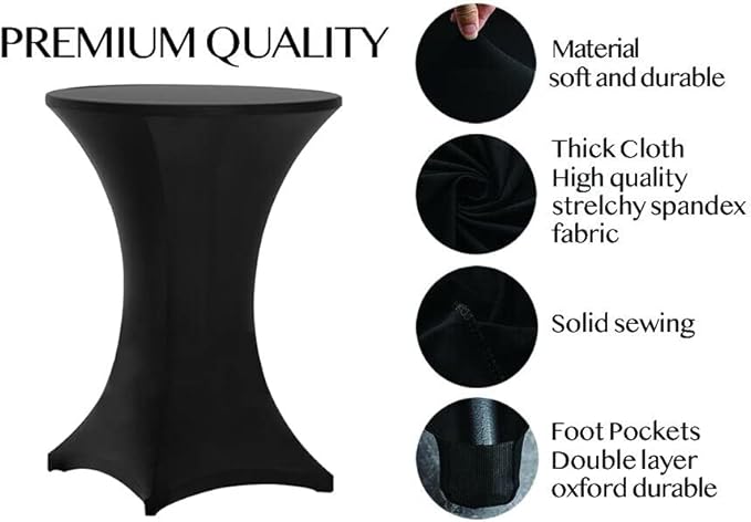 Tina's 10 Pack 30x42 Inch Highboy Spandex Cocktail Table Covers Black, Fitted Stretch Cocktail Tablecloth for Round Tables (10PC 30X42 Black)