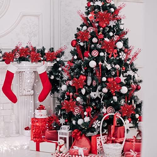 48 Pcs Christmas Picks Poinsettia Flowers Berry Glitter,Red
