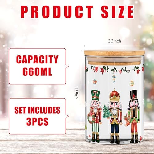 Fayoo 3 Pack Christmas Glass Storage Jars with Lid Nutcracker Canister Sets