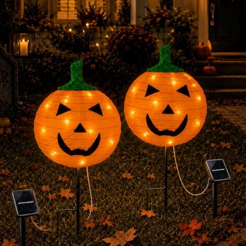 4Pack Solar Halloween Pumpkin Stake Light with 8 Lighting Modes, Fabric Lantern Yard Decor with Metal Stand, Foldable Pumpkin Garden Lights for Lawn, Patio, Pathway, and Halloween Party Decorations