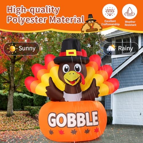 GOOSH 4FT Thanksgiving Inflatables Turkey Outdoor Decorations with Built-in LED Lights,Blow Up Turkey with Pumpkin for Lawn Yard Garden Party House Holiday Decor