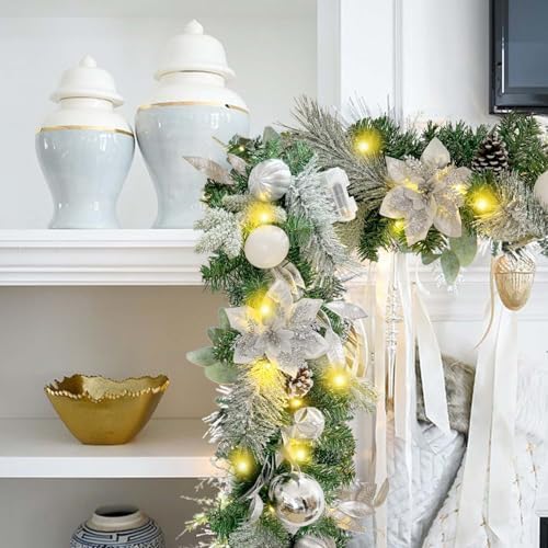 WANNA-CUL Pre-Lit 6ft Silver White Christmas Garland with 30 LED Lights