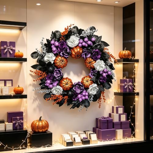24 Inch Pumpkins Purple Black Halloween Wreaths for Front Door