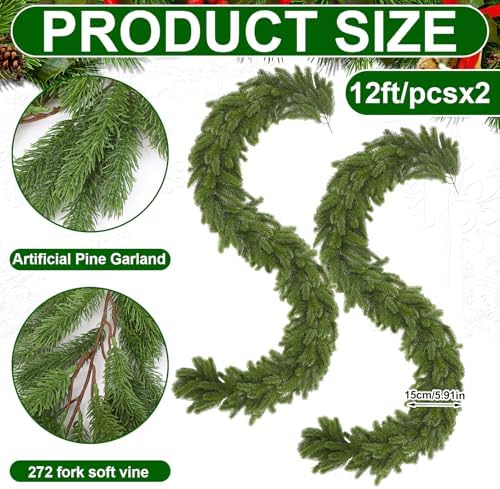 Lyrow 2 Pcs 12 ft Deluxe Thick Christmas Pine Garland Faux Greenery Garland