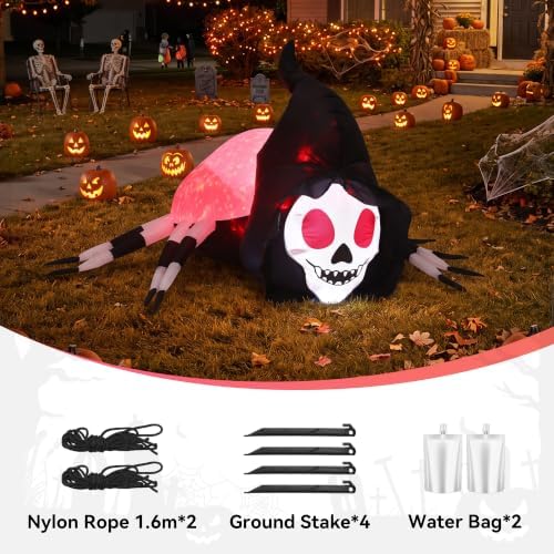 5.7FT Halloween Inflatable Skeleton Spider Outdoor Yard Decor with Magic Lights, Large Blow up Skull Spider Lawn Ornament Decorations