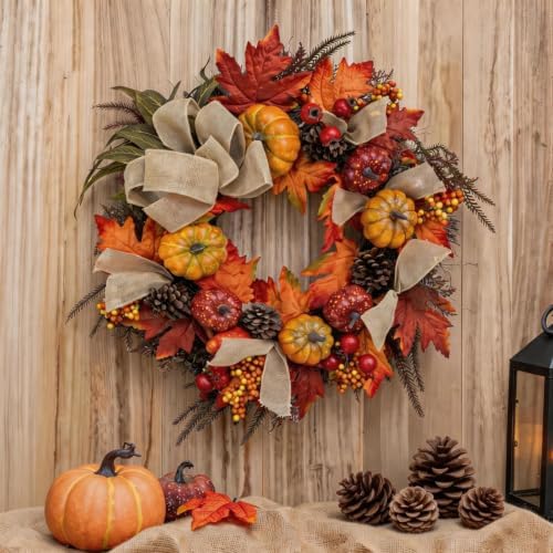 24 Inch Fall Wreath for Front Door, Autumn Harvest Outdoor Decoration