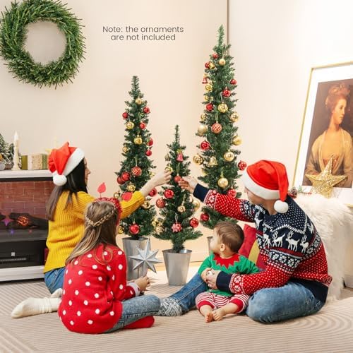 Goplus Set of 3 Artificial Christmas Tree, 3' 4' 5' Slim Pencil Xmas Tree with Silver Metal Buckets, Faux Potted Christmas Trees for Front Porch Entrance Indoor Festive Holiday Party Office Home Decor